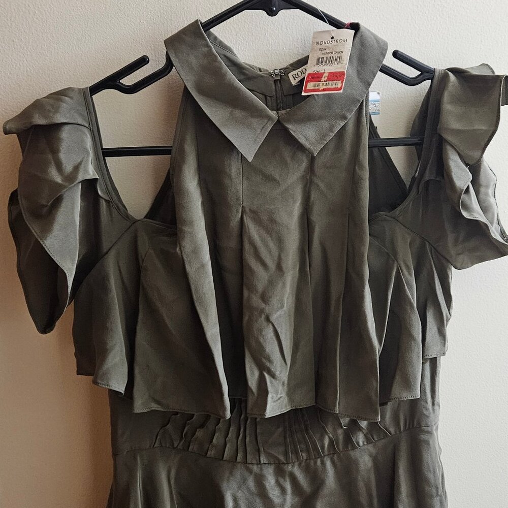Rodarte Opening Ceremony L Olive Green Cold Shoulder Midi 100% Silk Dress